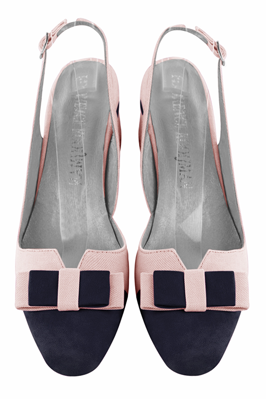 Navy blue and light pink women's open back shoes, with a knot. Round toe. Low flare heels. Top view - Florence KOOIJMAN
